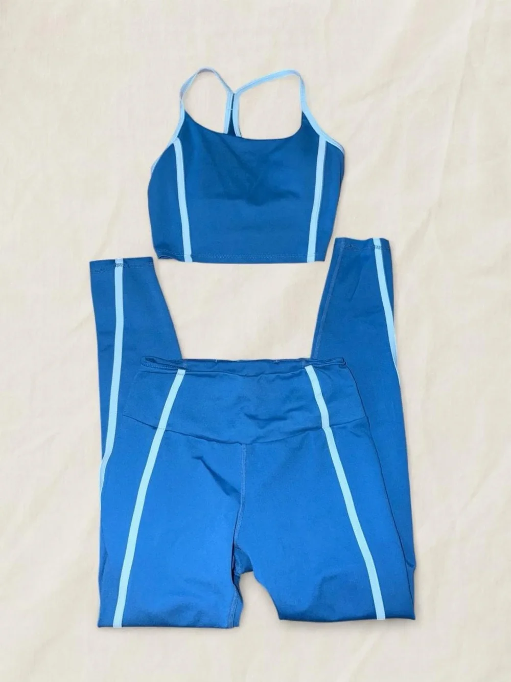 Jessica Simpson Blue Athletic Leggings & Sports Bra Set with Light Blue Trim
